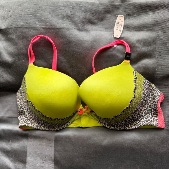 NWT VICTORIA'S SECRET Neon Green Pink Leopard Very Sexy Push Up Bra Size 38D - Picture 1 of 4